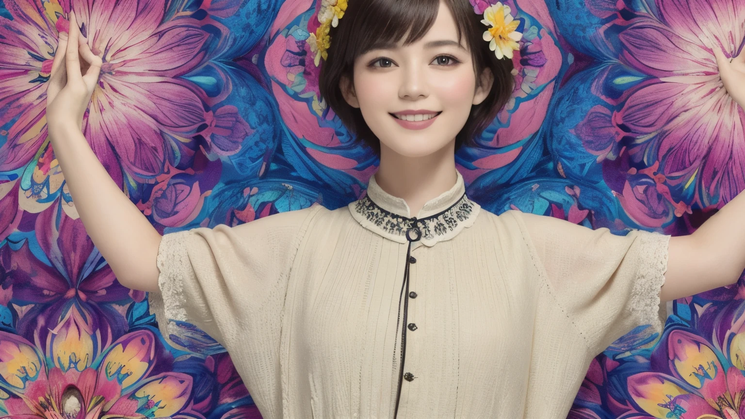 271 (20-year-old woman,short hair), (masterpiece, Highest quality, beautiful:1.2), Very detailed, (Fractal Art:1.1), (colorful:1.1), (flower:1.3), whole body, (Abstract background:1.3), (Many colors:1.4), (Old-fashioned smile), (window)