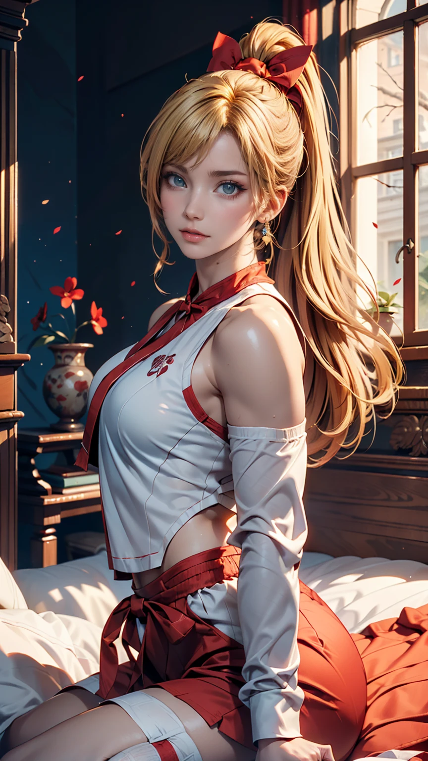 masterpiece, Ultra-high-definition CG, Highest quality, Perfect photo, alone, Lydia Sobieska (Iron fist, Blonde hair in a high ponytail, blue eyes, Red Hair Bow, strong), Wearing a sexy karate uniform, Sit on the bed, Turn to the side, blush, Show your shoulders, In a European mansion