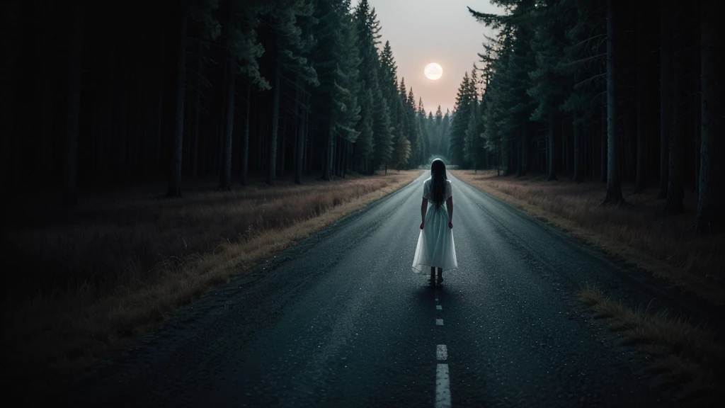 A lone woman stands on the shoulder of a dark, empty road in the dead of night, dressed in a flowing white dress that contrasts starkly with the surrounding darkness. Her long hair cascades down her back, partially obscuring her face, which is pale and almost ghostly under the faint light of the moon. She extends one arm, thumb out, as she silently asks for a ride, her posture unnervingly still. The road stretches out behind her, disappearing into the inky blackness of the night, with only the distant silhouettes of trees hinting at the forest that surrounds the area. The scene is filled with an eerie silence, the kind that sends chills down your spine, as if something sinister is just out of sight, watching and waiting. The image captures the unsettling, suspenseful atmosphere of a horror film, where nothing is as it seems, and danger lurks in the shadows