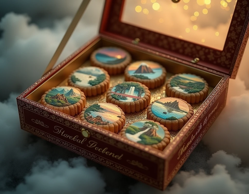 Professional extreme close-up photo, view from above, ornate open luxurious box filled with array of delicious cookies, each cookie has unique image of beautiful fantasy scenery, the side of the box has elegant text "Made with Love in the Oven of SeaArt Infinity", thick warm fog around the box.
