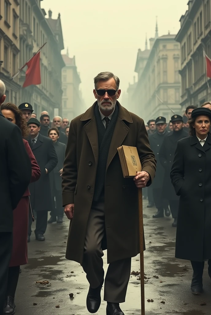 Berlin after World War II Blind man stumbling through the crowd, with his cane and sunglasses, delivers a letter to a woman