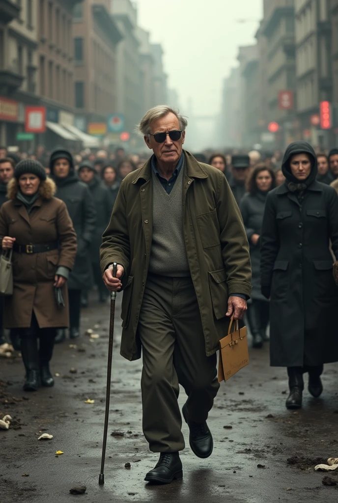 Berlin after World War II Blind man stumbling through the crowd, with his cane and sunglasses, delivers a letter to a woman