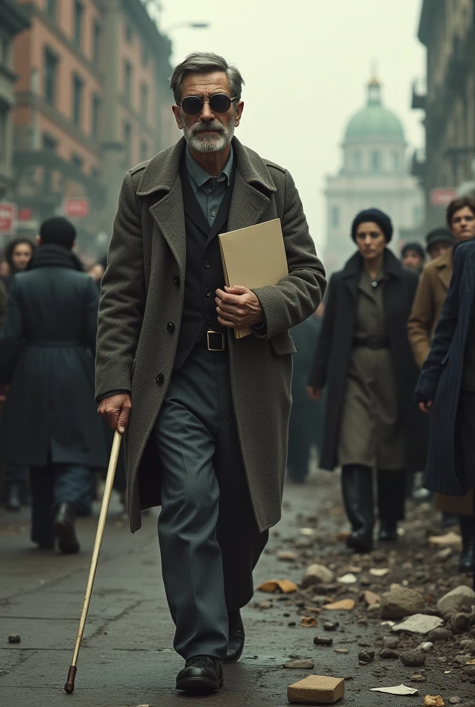 Berlin after World War II Blind man stumbling through the crowd, with his cane and sunglasses, delivers a letter to a woman