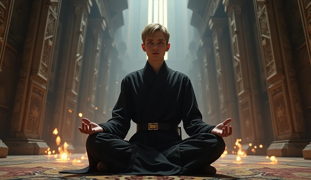Character based on the world of Star Wars, a s teenageith apprentice, dark blonder short hair, yellow eyes, dark simple cloats, inside a sith temple, high realism, perfect anatomy, perfect eyes, meditating, frontal, 4K, 1boy, floating underground