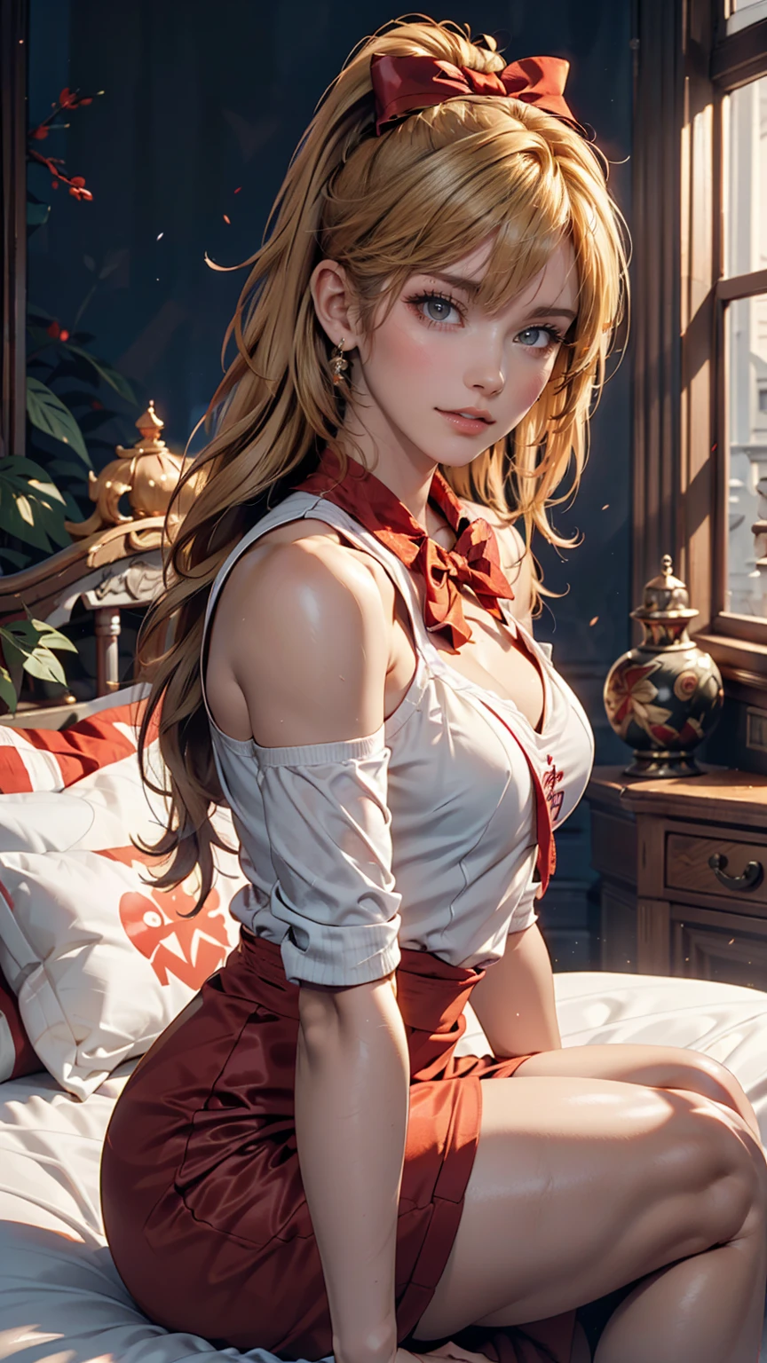 masterpiece, Ultra-high-definition CG, Highest quality, Perfect photo, alone, Lydia Sobieska (Iron fist, Blonde hair in a high ponytail, blue eyes, Red Hair Bow, strong), Wearing a sexy karate uniform, Sit on the bed, Turn to the side, blush, Show your shoulders, In a European mansion