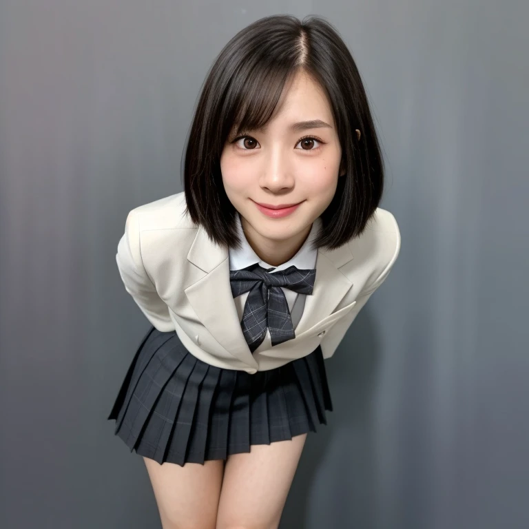 (kawaii 18 year-old Japanese girl, Nogizaka idol, Korean idol), healthy female athlete body, (glossy black hair, short hair, pixie cut, bangs:1.3), (rounded face, pure black eyes, single eyelid, no makeup, best smile:1.2), (wearing Japanese school uniforms, blazer jacket, collared shirt, bow tie:1.3), extra small breasts, (plaid skirt, bare thighs visible:1.3), BREAK, (simple grey background:1.3), (random posing, dynamic angle, cowboy shot, thigh focus:1.2), BREAK, (masterpiece, best quality, photo realistic, official art:1.4), (UHD, 8K quality wallpaper, high resolution, raw photo, golden ratio:1.3), (shiny skin), professional lighting, physically based rendering, award winning, (highly detailed skin, extremely detailed face and eyes, anatomically correct body), Carl Zeiss 85 mm F/1.4, depth of field, 1girl, solo,