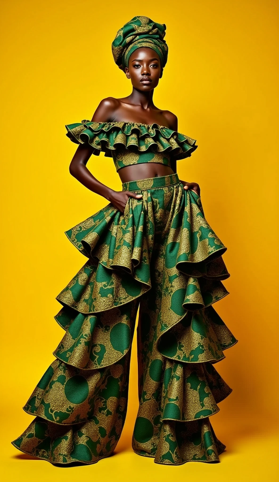 A striking image of a model wearing a bold and dramatic African-inspired ensemble against a yellow background. The outfit features a voluminous, tiered design with intricate patterns in green and gold, creating a stunning visual contrast. The model's off-the-shoulder crop top and matching wide-legged pants are both adorned with ruffled layers that add movement and texture to the look. She accessorizes with a matching headwrap, emphasizing the cultural roots of the design. Her dark skin tone and confident pose enhance the elegance and power of the attire, creating a visually arresting composition.
((bold African-inspired fashion)), ((voluminous tiered outfit)), ((intricate green and gold patterns)), ((off-the-shoulder crop top)), ((wide-legged pants)), ((ruffled layers)), ((matching headwrap)), ((yellow background)), ((elegant pose)), ((striking contrast)) BREAK ((highres:1.5)), ((best quality:1.6)), ((fashion editorial:1.4)), ((cultural heritage:1.3)).