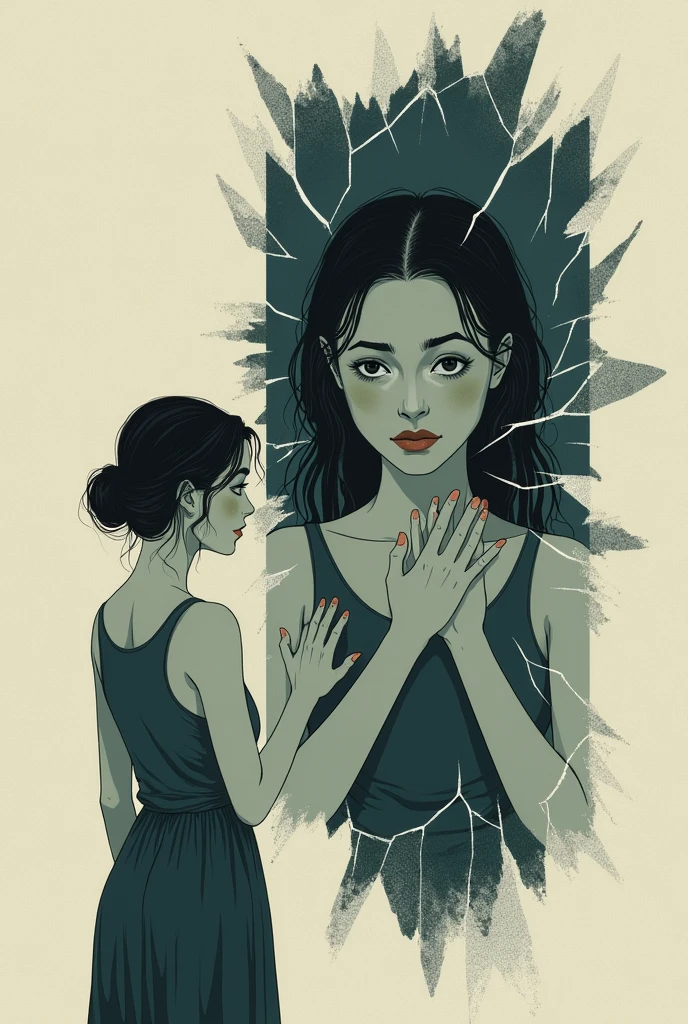 A woman looking at her reflection in a broken mirror. She stands with a sad expression on her face., Her reflection in the glass is touching her hand.. illustration