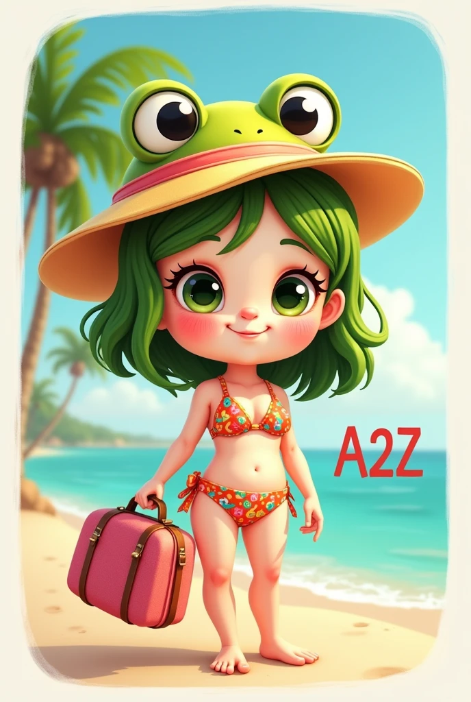 Create a frog-shaped icon of a girl wearing a cute and playful beach bikini, a sun hat and a travel suitcase, with the word A2Z