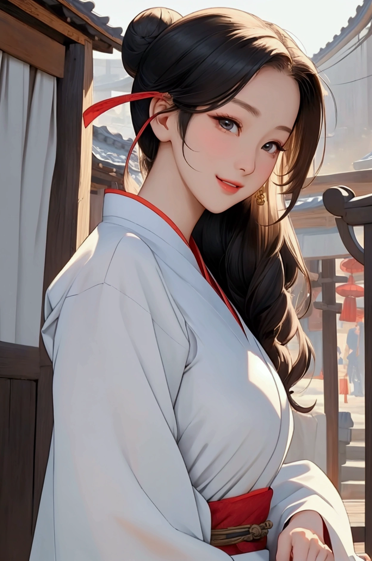 ( High resolution、 Super detailed)、masterpiece、Highest quality、High resolution、8k、Realistic Face、Realistic skin texture、 Amazing clarity、Detailed Anime、15-year-old female、Beautiful Face、Beautiful Face、Pretty lips、Balanced style、Hair styled in a bright-colored round bun、Smiling eyes、Hanfu、Mischievous girl、Walking、Buildings from the Tang Dynasty、Old city streets of China、Cowboy Shot、Detailed Animeアート、Detailed CG、