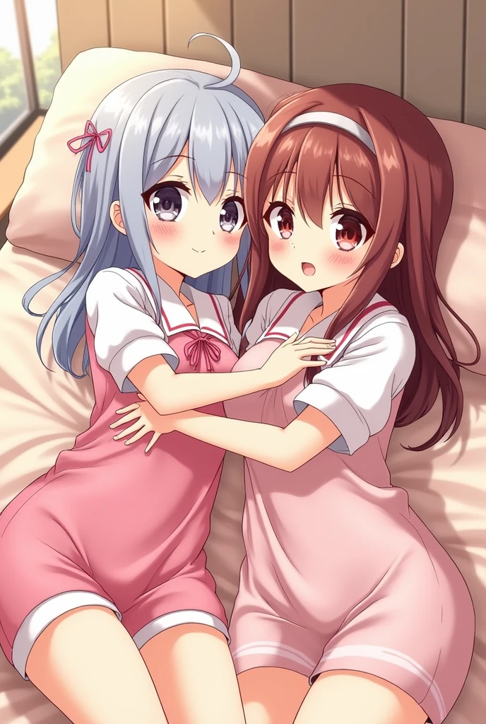 2D sus anime girls laying on bed hugging