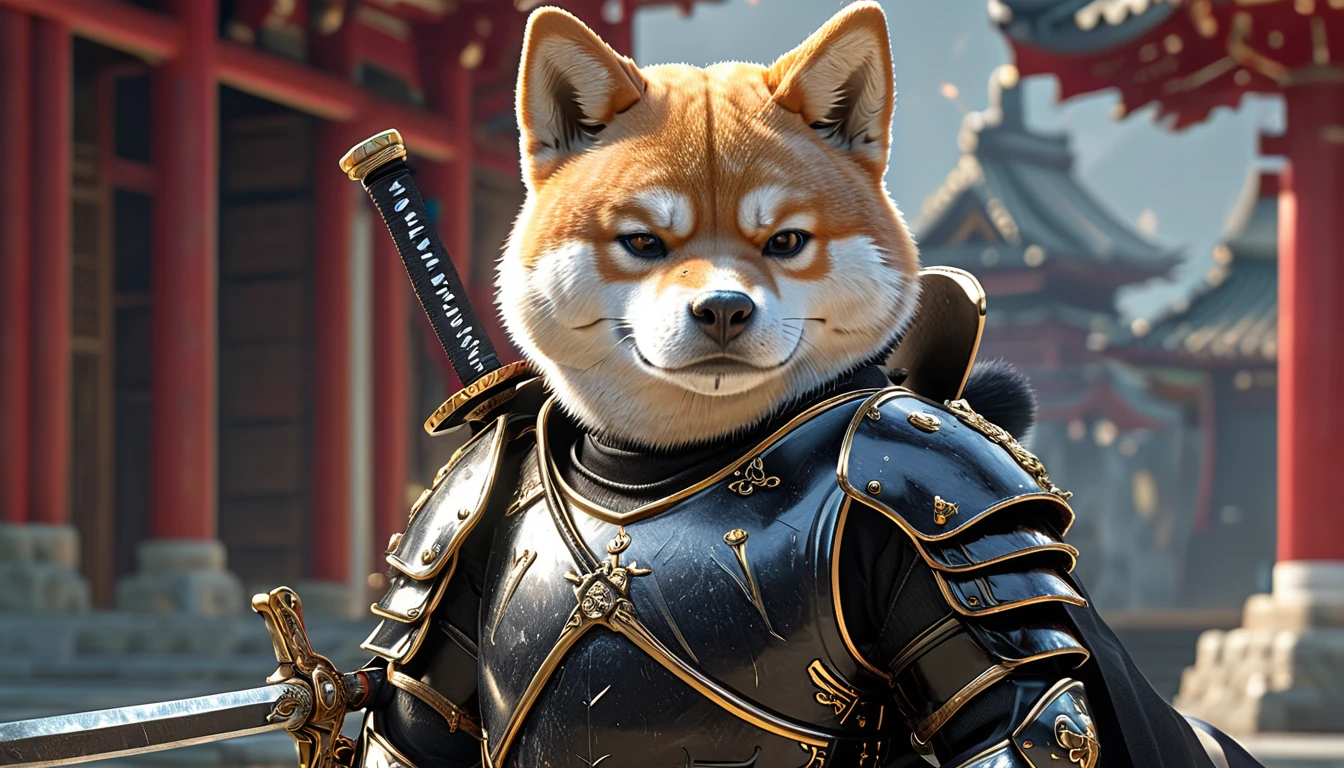 Close-up shot of a Shiba Inu, Shiba Inu Samurai,whole body, Equipped with a Japanese sword wrapped in black lightning, Wearing samurai armor, Background of the Japan Temple, High resolution, masterpiece, Highest quality, Super detailed, Super detailed, Ultra-realistic,
Japan style, 3D Fluffy, Cute and adorable close-ups, Cute big round reflective eyes, Long fuzzy fur, Pixar Rendering, unreal engine Cinematic smooth, Exquisite detail, Cinematic