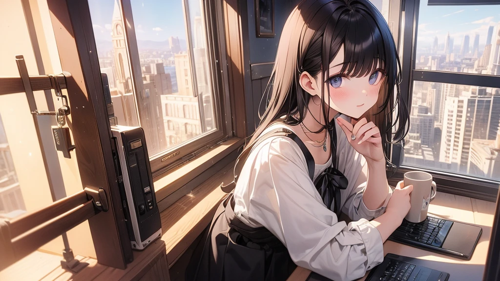 Ultra-high resolution, 8k, (masterpiece, mysterious:1.2), Works by Makoto Shinkaisei, Lo-fi feeling, Perfect human body engineering, 1 female, mysteriousな瞳, Her charm is her beautiful eyes, Idol, White ruffle dress, Shiny long black hair, Larger than average bust, Listening to music through headphones, Looking out the window, Room with musical instruments, city view from the window, impressive cityscape, Bright sky, meteor, Wide-angle, Before dusk, Break time during composition, Coffee in a mug,