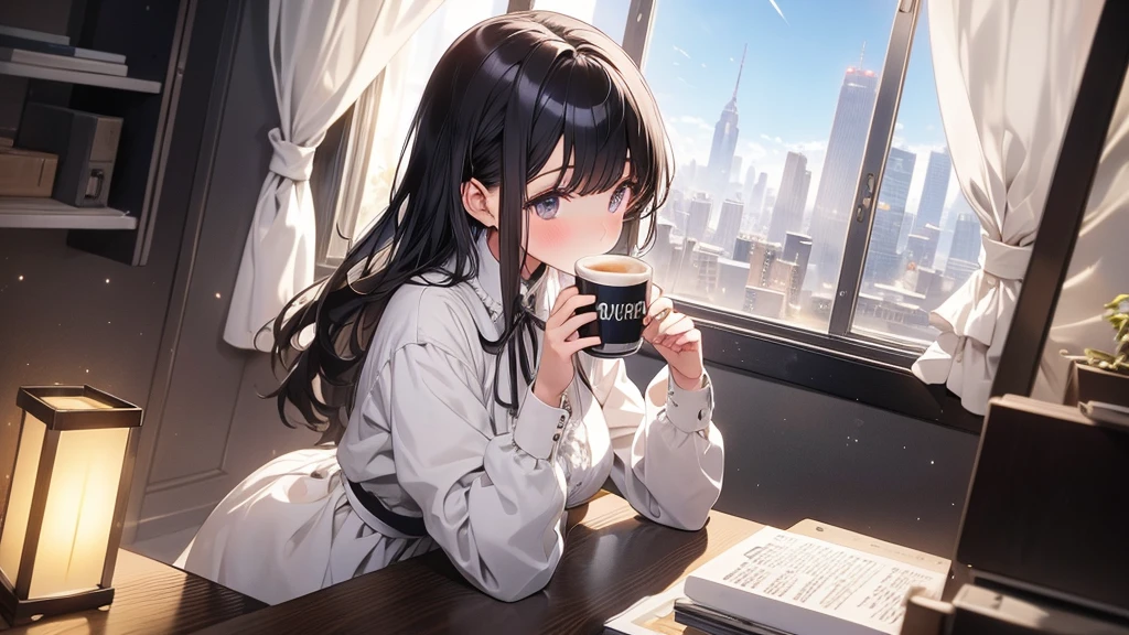 Ultra-high resolution, 8k, (masterpiece, mysterious:1.2), Works by Makoto Shinkaisei, Lo-fi feeling, Perfect human body engineering, 1 female, mysteriousな瞳, Her charm is her beautiful eyes, Idol, White ruffle dress, Shiny long black hair, Larger than average bust, Listening to music through headphones, Looking out the window, Room with musical instruments, city view from the window, impressive cityscape, Bright sky, meteor, Wide-angle, Before dusk, Break time during composition, Coffee in a mug,