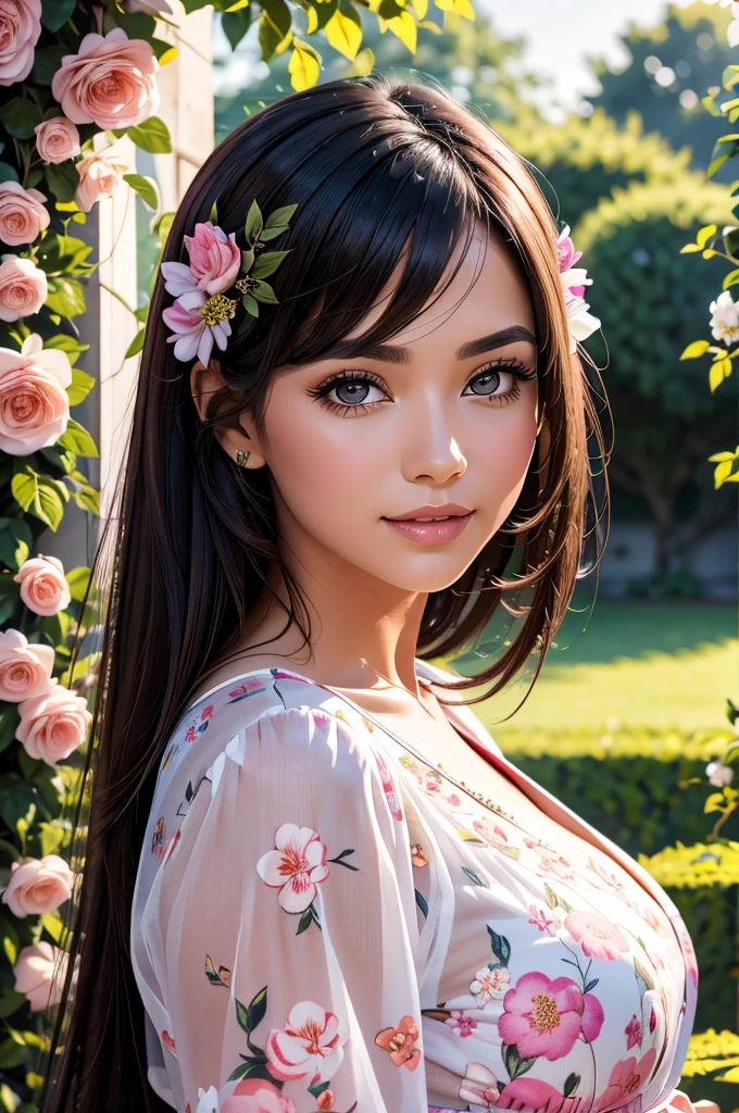 a gorgeous woman, wearing a floral pink and white frock, portrait view, smiling, garden background, detailed face, black straight long hair, beautiful eyes, detailed lips, long eyelashes, photorealistic, hyper detailed, 8k, high quality, oil painting, lush garden, vibrant colors, natural lighting, soft focus, masterpiece