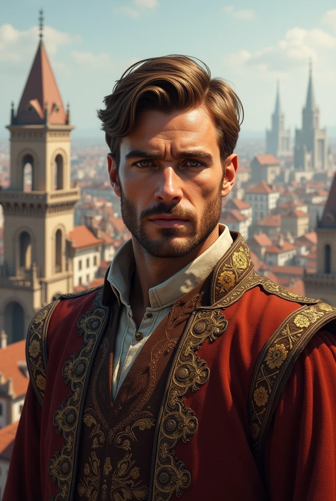 Create a realistic image of a medieval gentleman with light brown hair, short beard, typical clothes of Essos. Ao fundo, place the city of porto real
