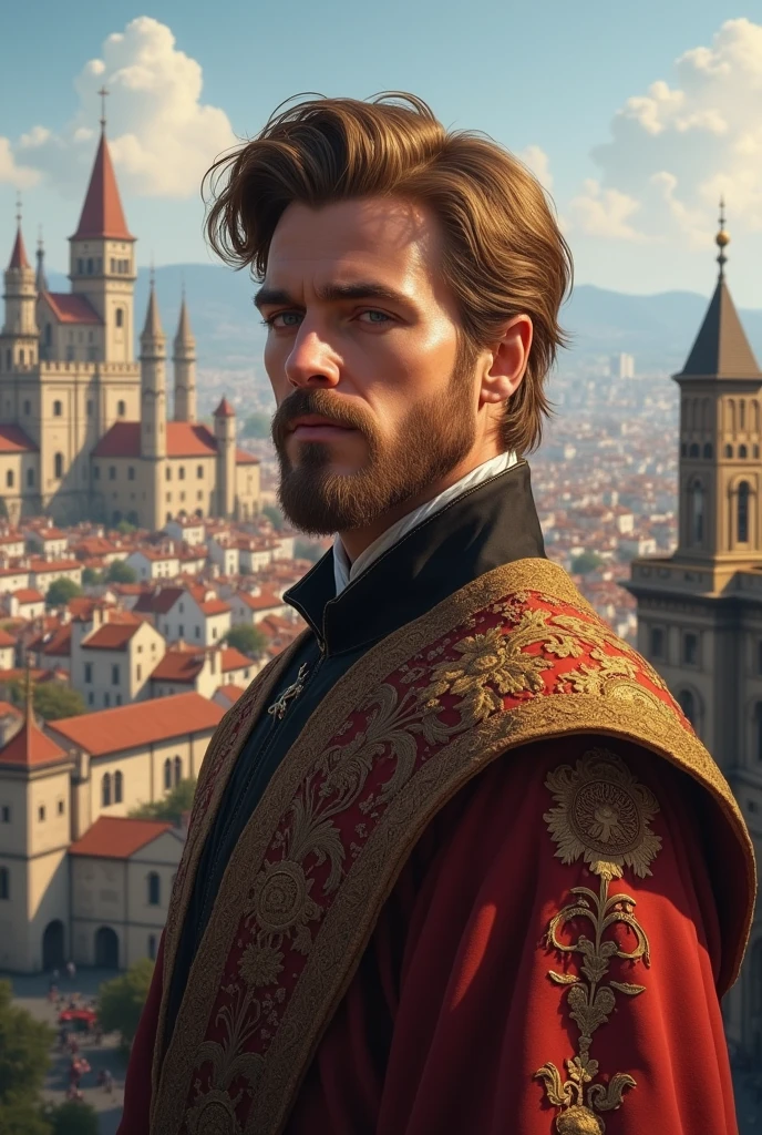 Create a realistic image of a medieval gentleman with light brown hair, short beard, typical clothes of Essos. Ao fundo, place the city of porto real