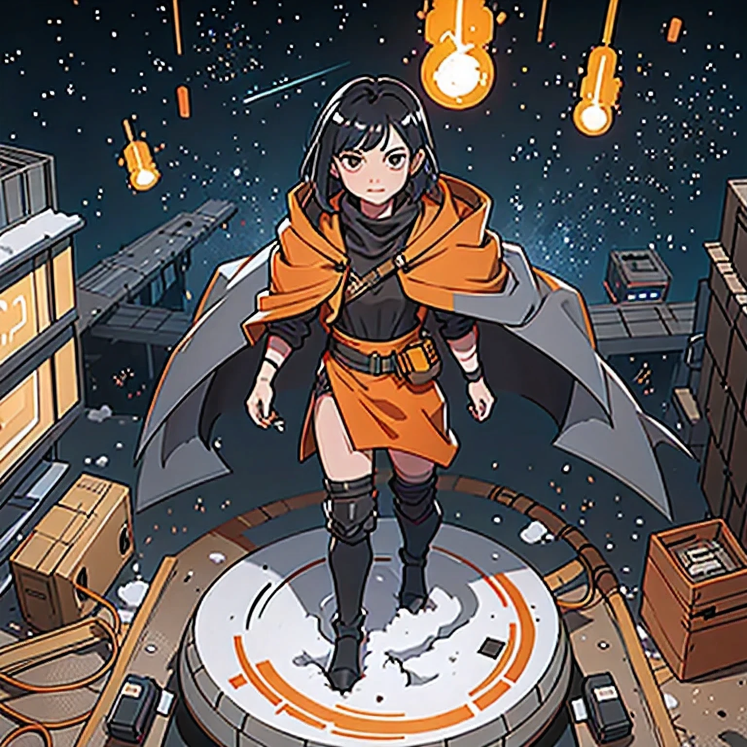 Black gold silk cyberpunk mine snow light orange rough linen cloak Trump lightsaber space floating 1:6 Miniatures，illustration