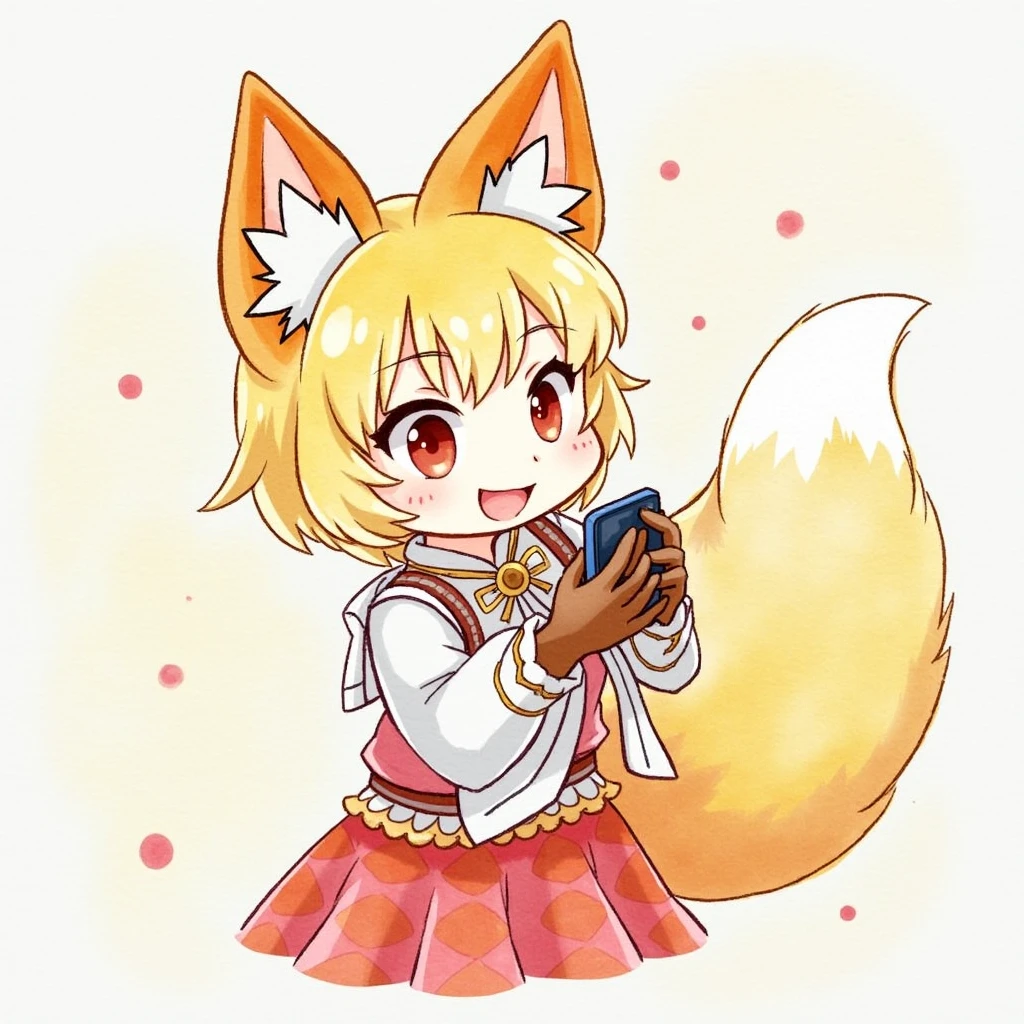 Demon Slayer style,An illustration,fox-like,I have a smartphone,Watercolor、people、1people