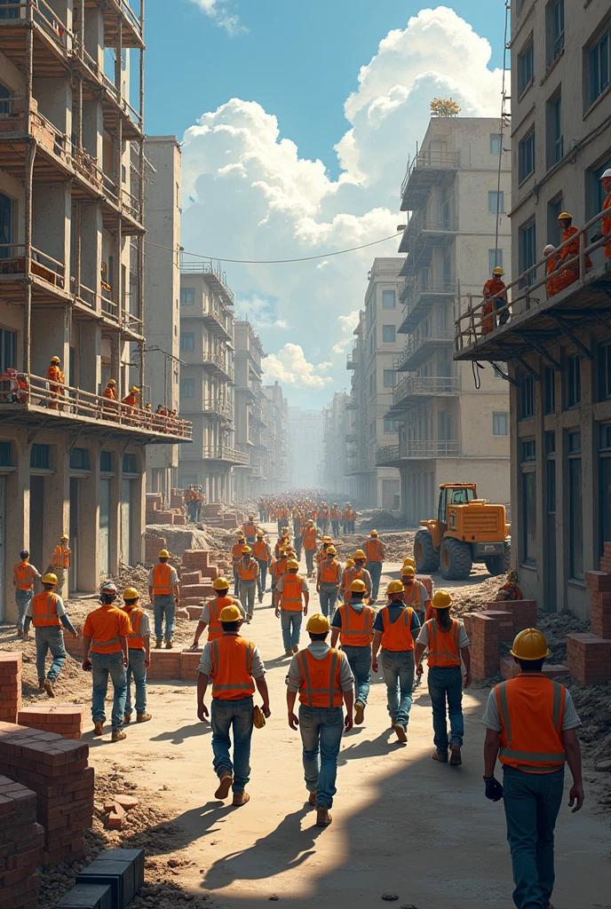 Draw an illustration of construction workers working.。
Please draw about 20 people。