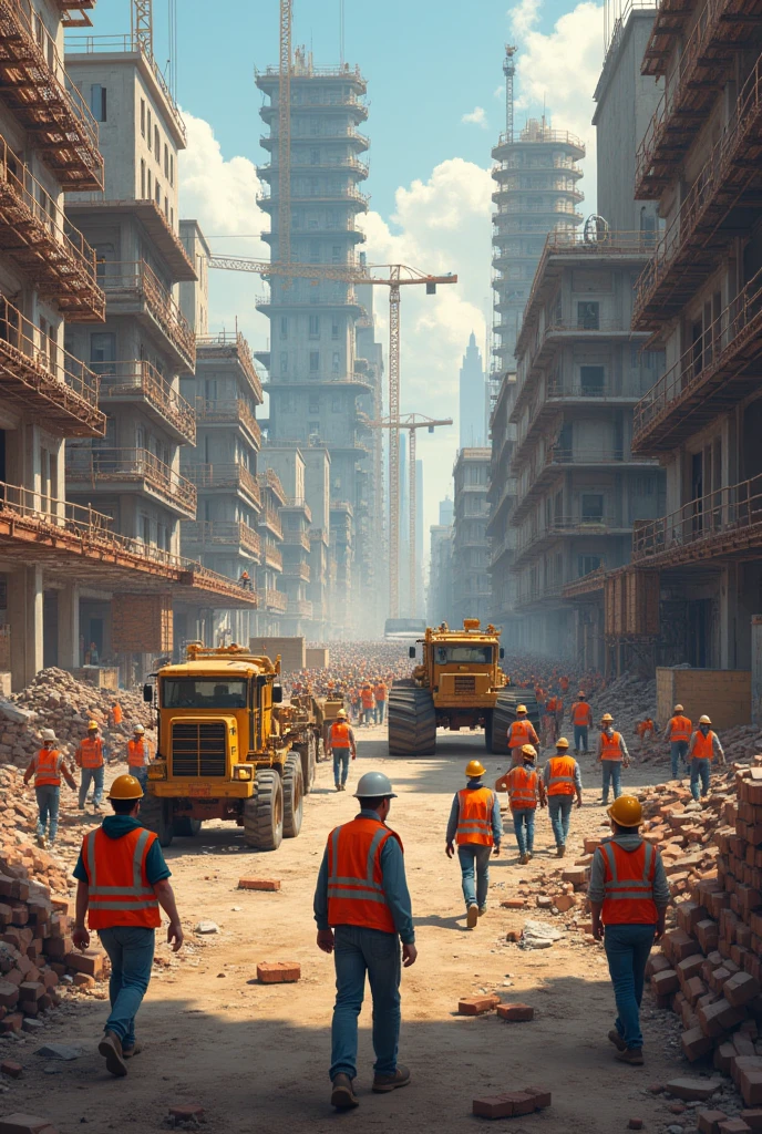 Draw an illustration of construction workers working.。
Please draw about 20 people。