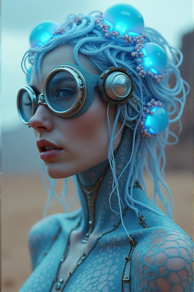 Ethereal Cyborg Woman, bioluminescent jellyfish tiara. Steampunk goggles merge with translucent tentacles. Cracked porcelain skin meets iridescent scales. Mechanical implants and delicate tendrils intertwine. Human characteristics with an otherworldly glow. Dreamy aquatic tones contrast with aged metal. Reflective eyes capture invisible worlds. Gentle bioluminescence meets a harsh desert landscape. Fusion of organic and synthetic, ancient and futuristic. Hyper-detailed textures, surreal atmosphere.