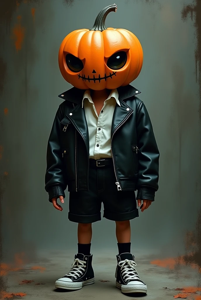 Make a pumpkin with black eyes using a black leather jacket and a white blouse, with black shorts and sneakers (Don't make her tall) with a dark art style