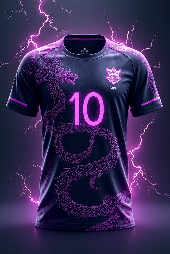 create a school futsal interclass shirt,that has a design of a mystical dragon and lightning and that has the number 10 on the chest in the print,and that it be black and purple.