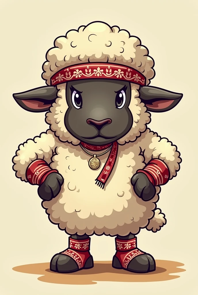Cartoon sheep dressed like wrestler the iron sheik wearing keffiyeh and wearing curly toes boots
