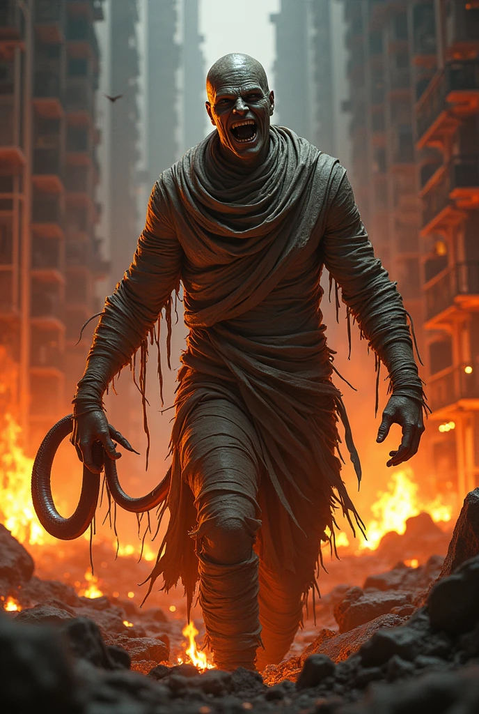 The image will depict a man wrapped in bandages like a mummy, with only his eyes and mouth visible. He is shown laughing evilly, surrounded by buildings engulfed in flames. A gigantic snake made of fire coils around the scene, adding to the chaos. The setting is at night, with dramatic, high-contrast lighting that emphasizes the intense shadows and the fire's glow. The overall atmosphere is dark and foreboding, with a sense of overwhelming destruction.
