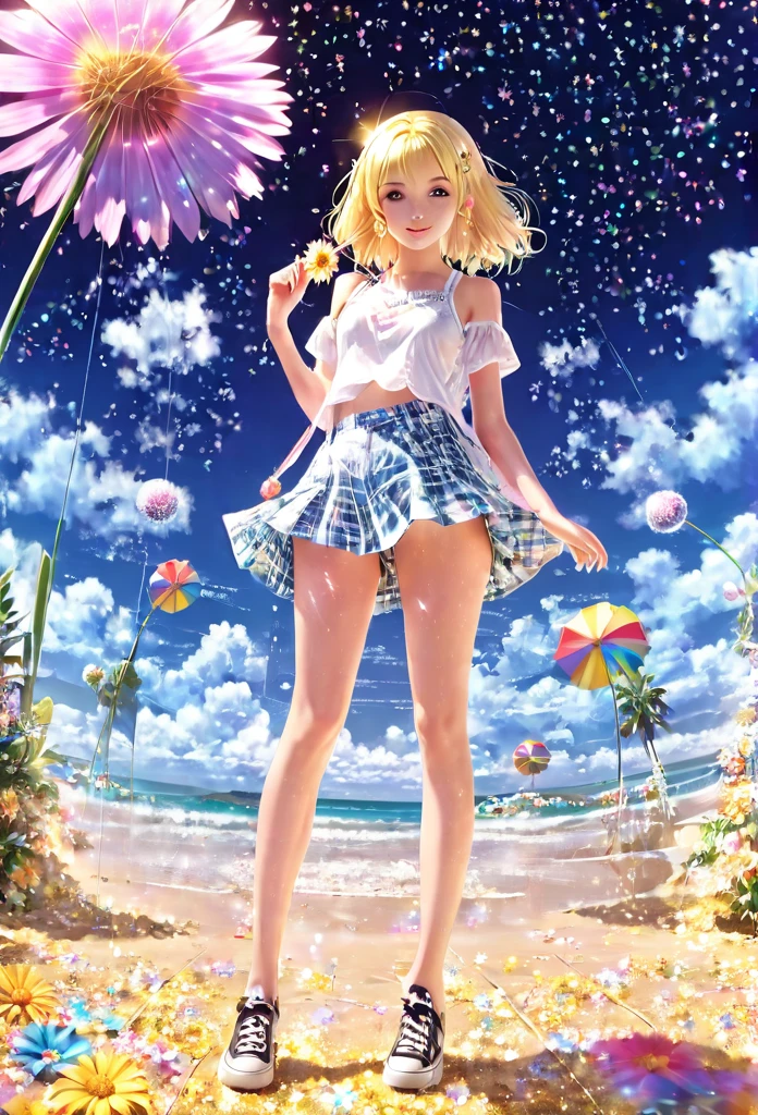 ((masterpiece)),(((Highest quality))),Thin thighs,Long legs,whole body:1.5，(One Girl:1.3),(More beautiful casual summer outfits：1.3),(Wearing light casual clothes:1.2),Short Blonde:1.2、Model pose，Gravure idol、
、flowerpunk、Sparkling light particles、Vivid gradient effect