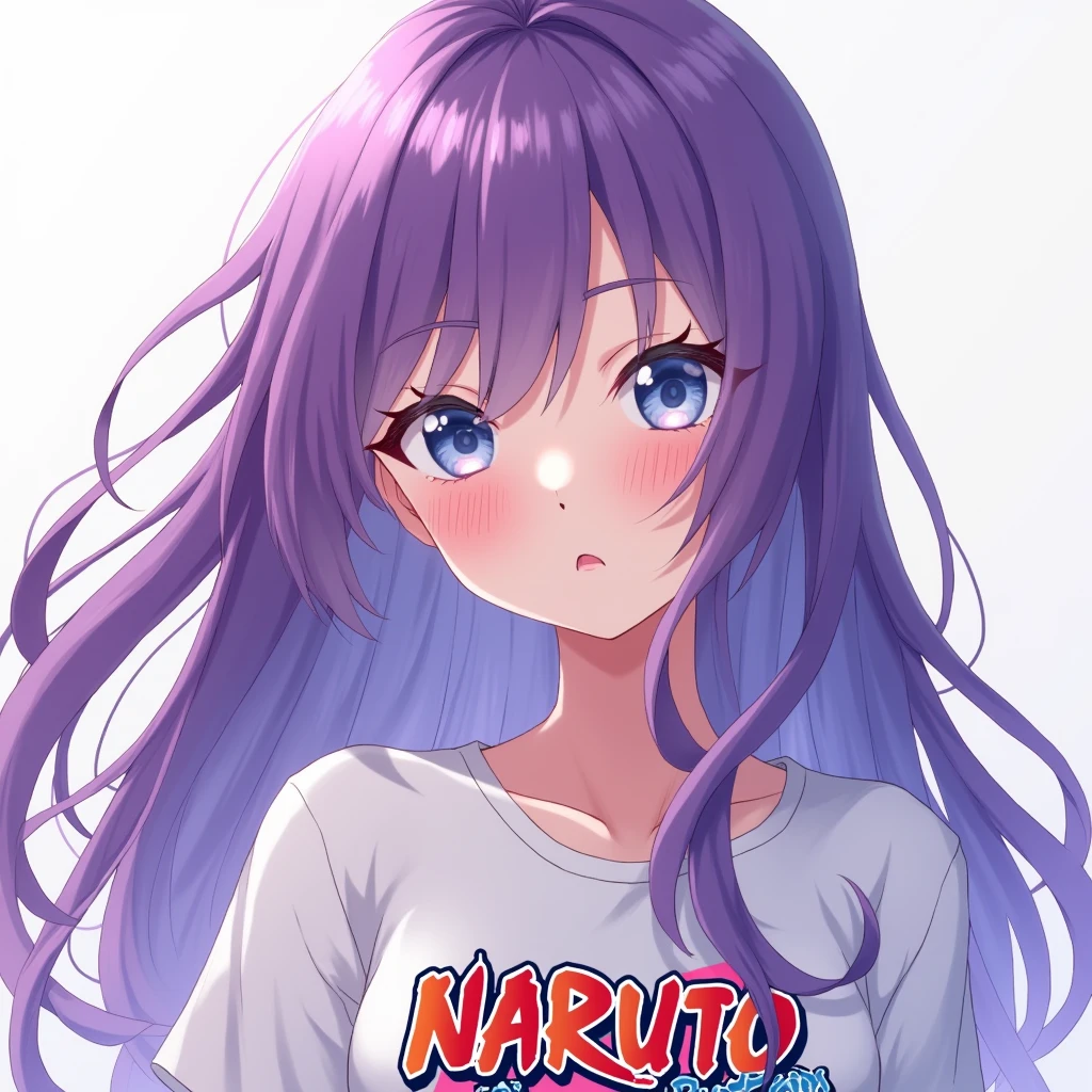 Female character, anime styling, cabelo roxo, long hair, pretty, skin fair, blue colored eyes, with naruto shippuden anime t-shirt