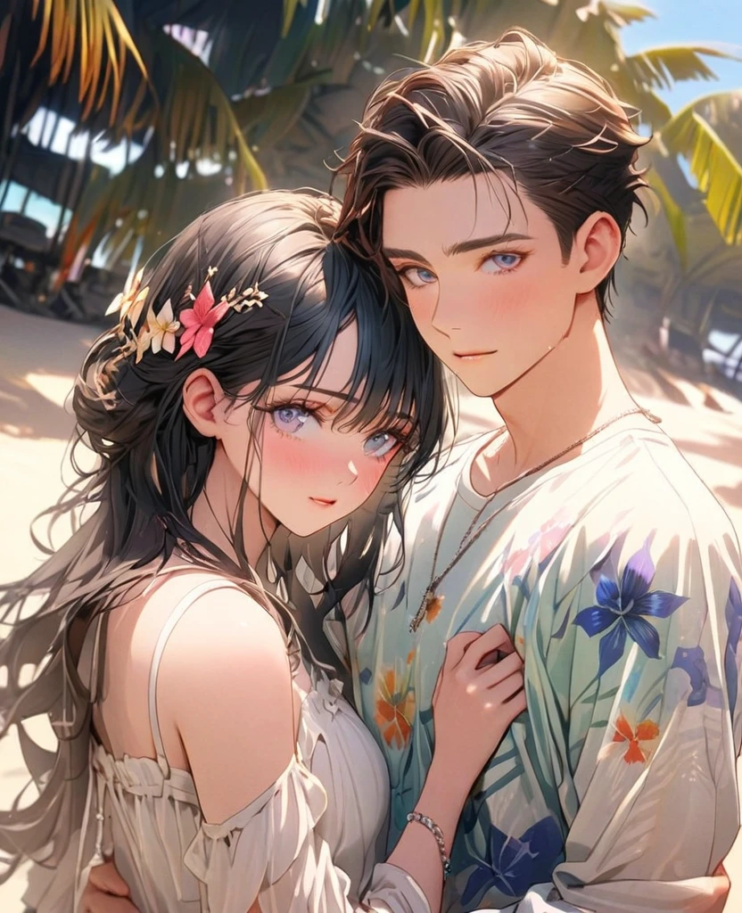 8k,Ephemeral beauty,Very delicate and beautiful,Beautiful and realistic skin,Black Hair、Long and colorful hair,Beautiful Eyes,good,Beautiful beach、Date with boyfriend、Arm in arm with boyfriend、Shy、No hair ornaments、American casual