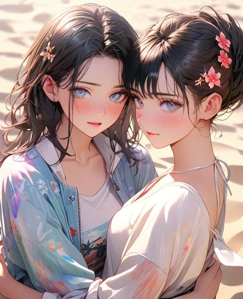 8k,Ephemeral beauty,Very delicate and beautiful,Beautiful and realistic skin,Black Hair、Long and colorful hair,Beautiful Eyes,good,Beautiful beach、Date with boyfriend、Arm in arm with boyfriend、Shy、No hair ornaments、American casual