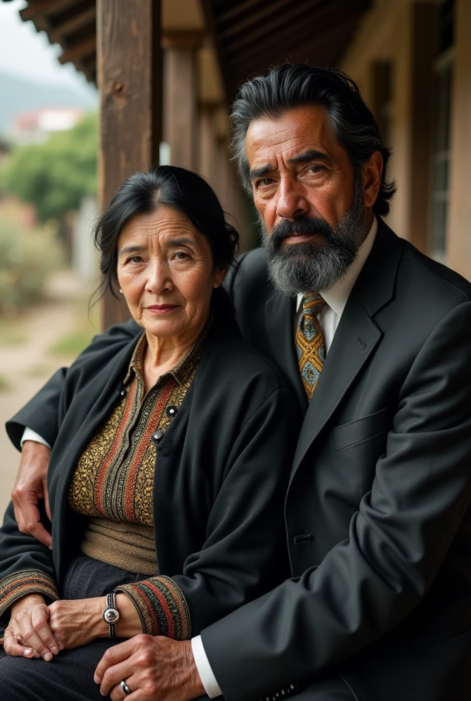 elderly married couple from Lima , black haired wife, white skin and provincial dress, black haired husband, black beard and suit of high-status people from provincial Peru