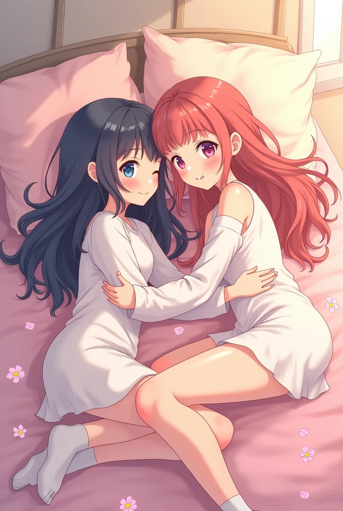 2D sus teen anime girls laying on bed hugging