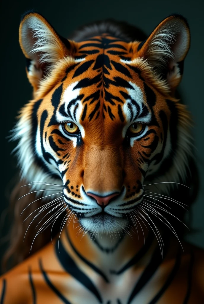 photo of a woman half tiger only of the face
