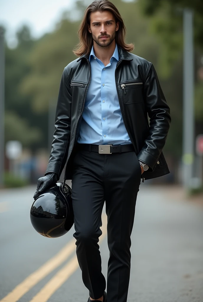 Handsome university male student with sunglasses, long hair, face clean shaved against the grain , holds a black helmet and he wears
black formal shoes, black business pants, black leather belt, silver square automatic buckle, light blue formal shirt, he also wears biker gloves, biker jacket a bit zipped up