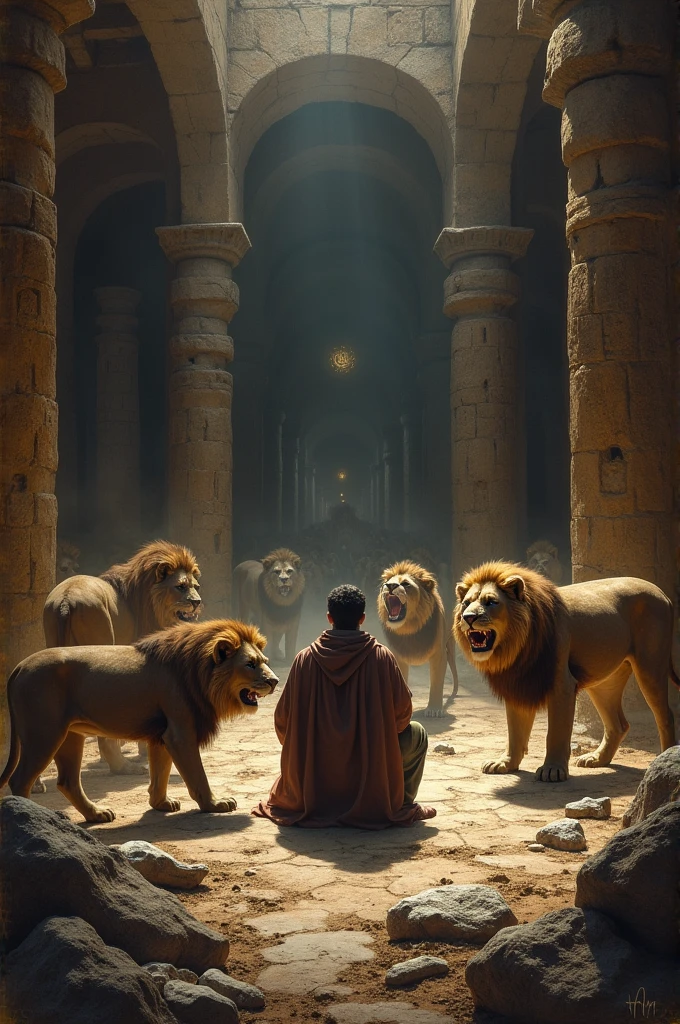 Daniel in the lions pit, drawning  