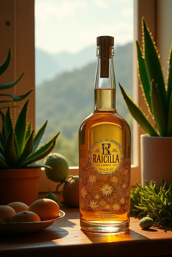(photorealism:1.2), Una botella de Raicilla rodeada de agaves, con un fondo que represente las montañas de Jalisco. soft lighting, plants in background, window with sunlight, cozy room, relaxed pose, realistic, intricate details, warm colors, by Greg Rutkowski, by Alphonse Mucha