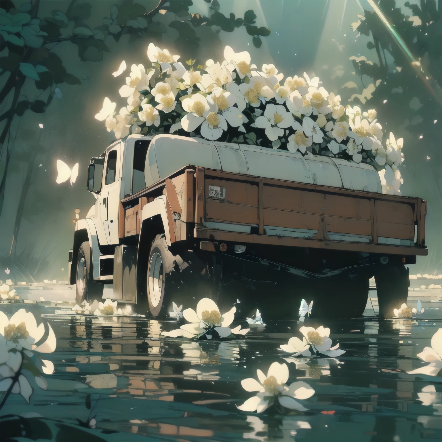 (((Masterpiece, top quality))), (((32K wallpaper))), ultra high resolution, (((close-up))), gorgeous light leak, (((backlit))), highly detailed background, top quality, (((no humans))), highly transparent river, (((extremely detailed rusty heavy truck with many white flowers)),  (((( very dull color )))), (((( white flowers in the water))), (((butterfly))),(((Strong light shines in)))、(((白い羽)))、(((雲と霧)))