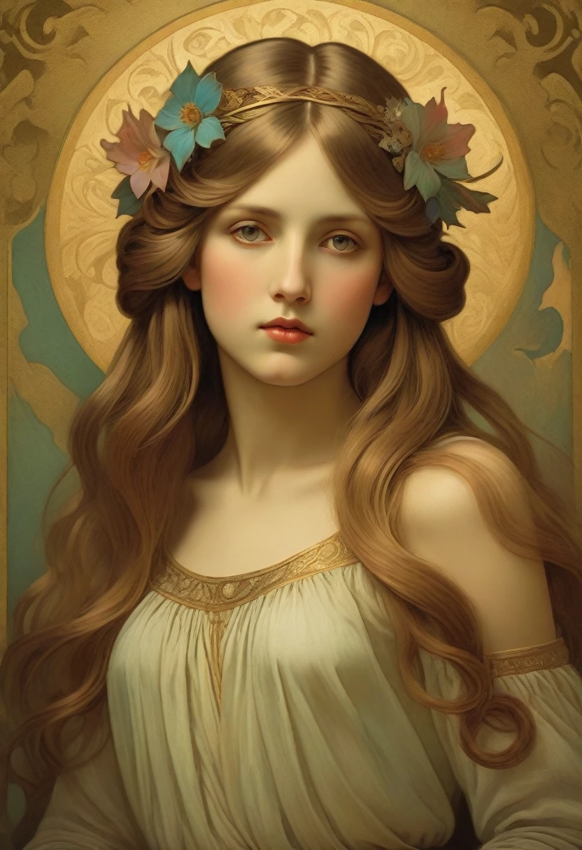 old (Masterpiece, Best Quality, Highres:1.2) Art Nouveau Style Beautiful Woman with Long Hair Shaped as Flowers in the Style of Alphonse Mucha, portrait of a beautiful cute, very beautiful, standing artistically, realistic natural, professional light distribution, very artistic lighting gradation, artistic detail, highly detailed, centered, Nymph-pattern vintage wallpaper with dramatic backlighting casting deep shadows, featuring a meticulously crafted illustration inspired by Dan Mumford and Alphonse Mucha, hyper-realistic and photorealistic textures, extremely detailed with intricate floral and foliage elements, octane rendered in 8K (extremely detailed 8k wallpaper), Golden ratio, hidden ancient Greek symbols (, Spiral), balanced design, color harmony, Vernis Martin, golden, ancient mythology, artistically twisted edges, reminiscent of old-world craftsmanship with a contemporary edge, volumetric lighting, ultra fine details