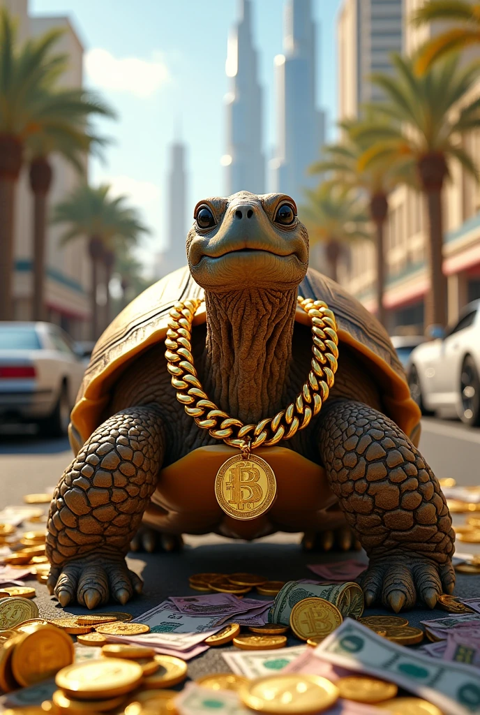 A tortoise surrounded by money in Dubai, wearing a gold chain with money pendant, Chanel sunglasses, with a female tortoise.