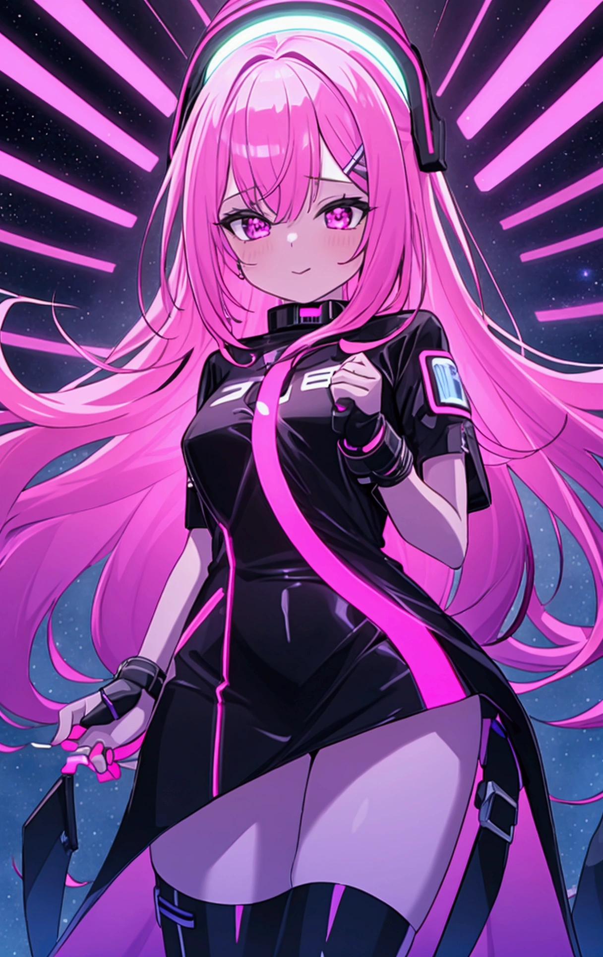 Woman with long pink hair, night, neon, Flying Saucer, abduction, Galaxy Background, neon lights, Black clothes with LED, 4K  , NSFW