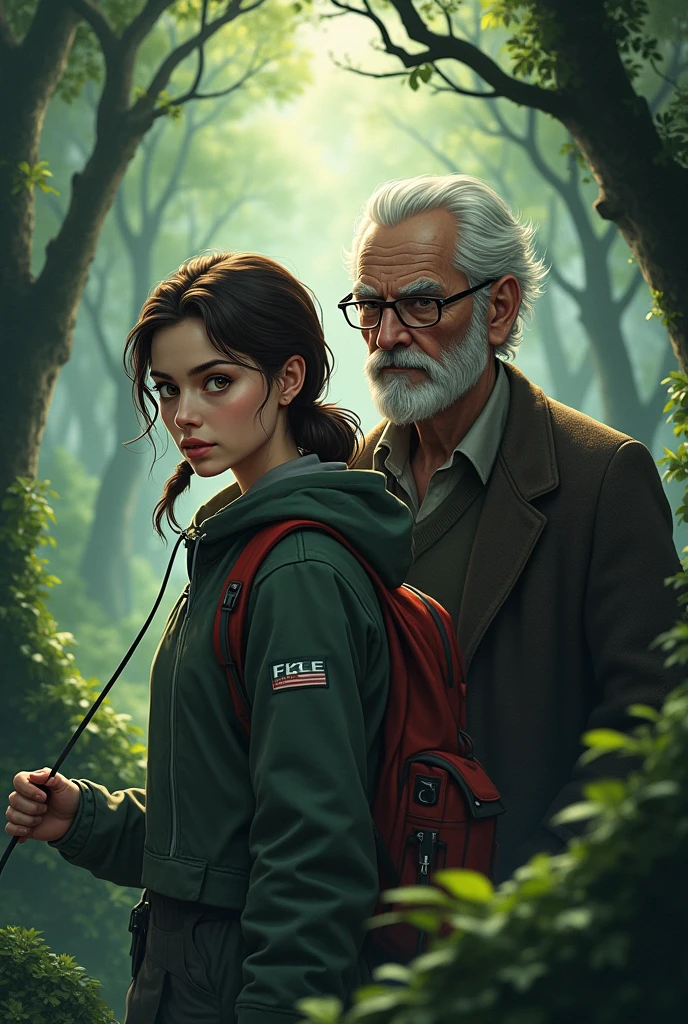 A young woman with an old gentleman going on a dangerous adventure with glasses in a forest that can be drawn later for tracing.