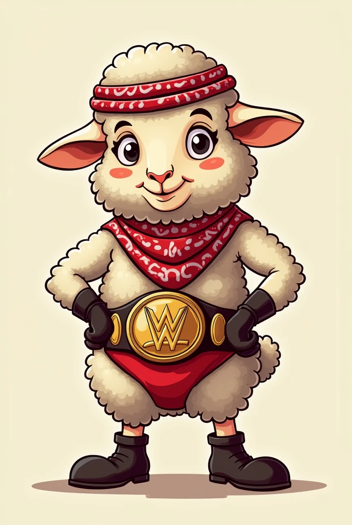 Cartoon sheep dressed like wrestler the iron sheik wearing a keffiyeh and curly toes boots