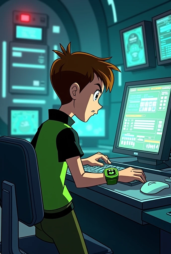 Ben 10 looking back while messing with the computer 