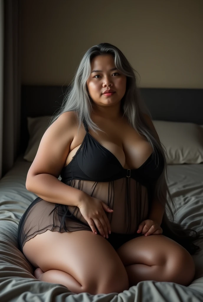 (hyperrealistic photo), (A high resolution), (8k),(beautiful eye quality), (ultra - detailed),chubby indonesian girl,lying on bed,full-body portraits(1:1),Long gray hair,(sexual excitement) ),(legs separated),sexual expression,Straight and plump ,big natural breasts,a plump buttocks,White sheer sleeveless night gown,hand to the crotch, looking at the camera in,dim light bedroom,(black underwear),bodyhair,, Hairy underarms, legs long, Slim waist, Upright toe bones well defined,beautiful attractive woman, 1 girl, the perfect beauty: 1.4, Slim abs: 1.1,, Super slim face, narrowed eyes, double eyelid, facing at the camera,The scene is