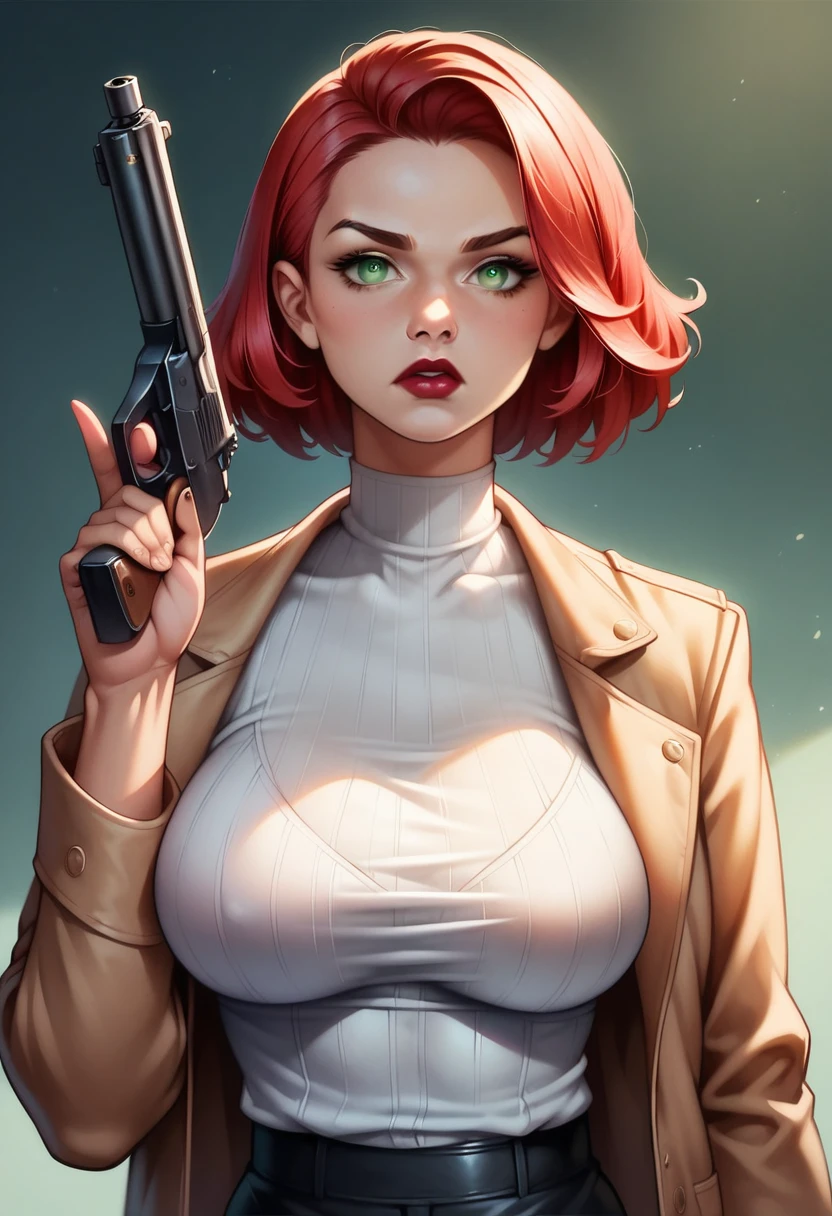 (high-level image quality), (high quality), (high resolution), (detailed), (masterpiece), beautiful woman, ((caucasian)), green eyes, red hair, short hair, dark red lipstick, busty, slender body, Detailed eyes, perfect eyes, Detailed face, portrait, serious, holding gun, leather pants, coat