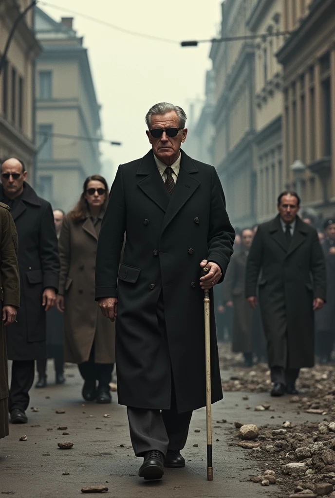 Berlin after World War II The blind man in the crowd, with his cane and sunglasses, deliver a letter to a woman